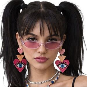 Y2K Evil Eye Heart Earrings Pink Acrylic Statement Dangle Trendy Retro Pop 🧿